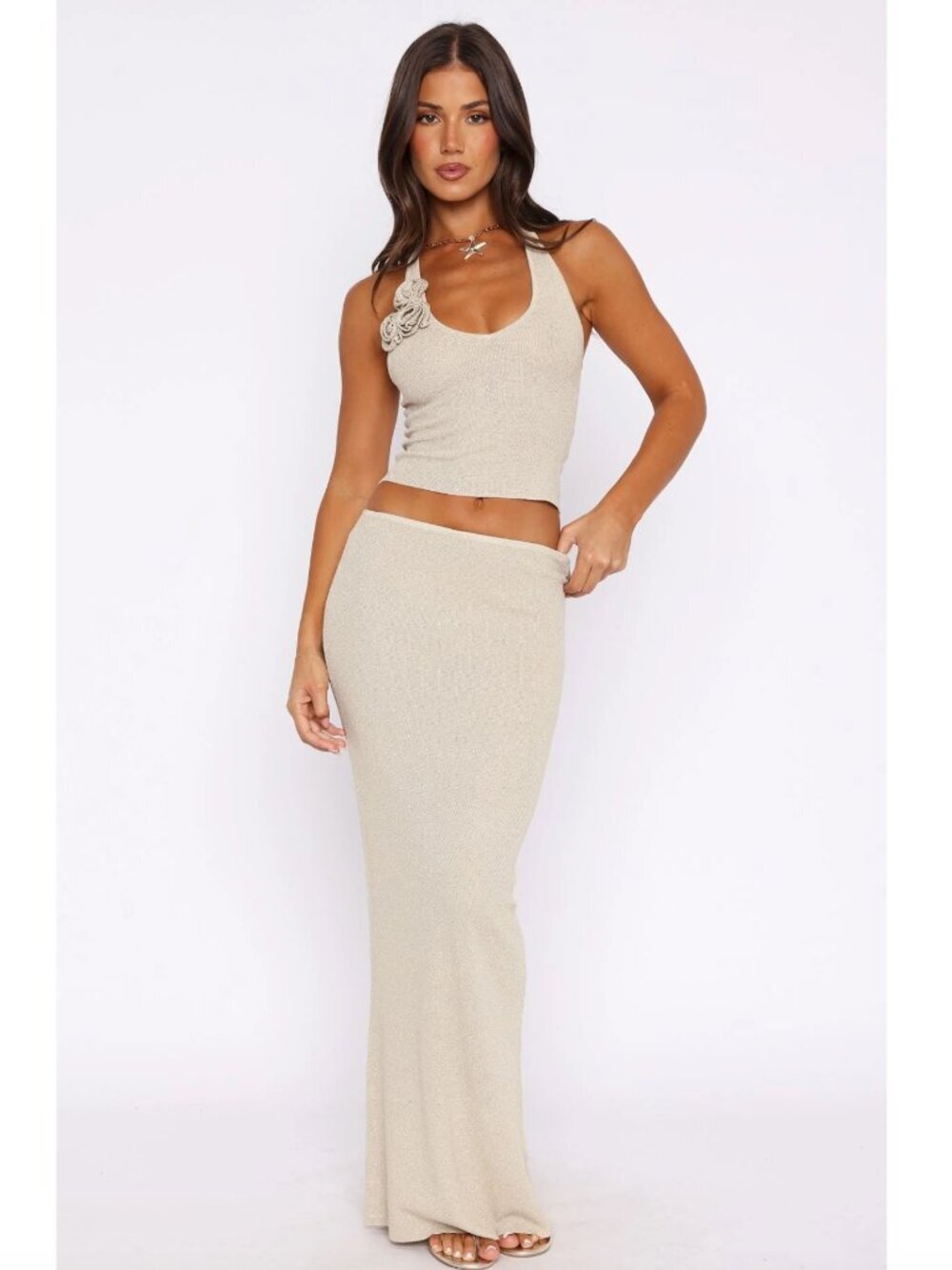White Fox Magic Memory Knit Maxi Skirt in Champagne